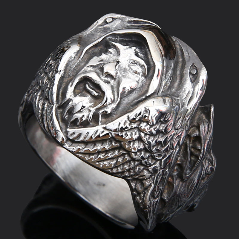 Quake Wolf Head Ring Men's Vintage Rune Titanium Steel Ring